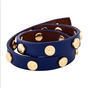 Tory Burch leather double wrap logo stud bracelet